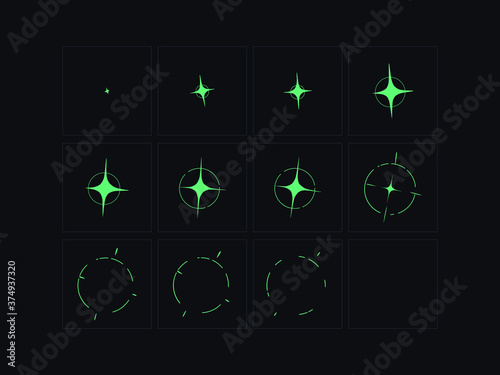 Shine VFX animation frame. Shine effect for video games, cartoon, advertising video and motion design.  Hand drawn vector illustration.