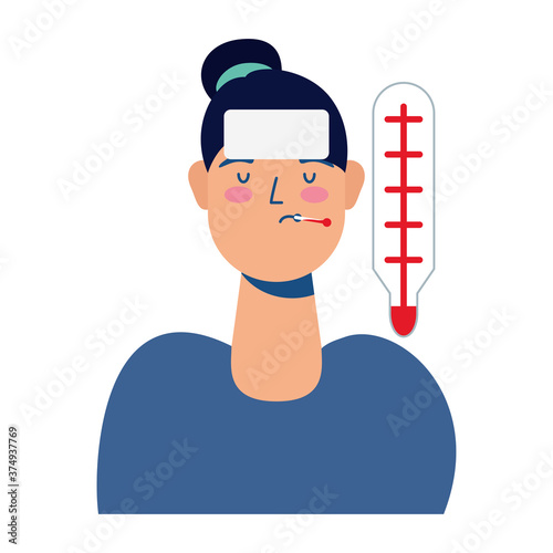 young woman sick with fever and thermometer