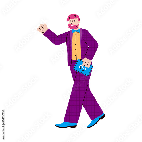 Quiz show presenter or victorine anchorman male cartoon character, flat vector illustration isolated on white background. Announcer of intellectual competition show.