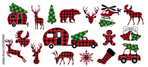 .   Diverse collection of Christmas design elements. Buffalo plaid festive decor. Variety of checkered objects on a white background. Vector illustration.