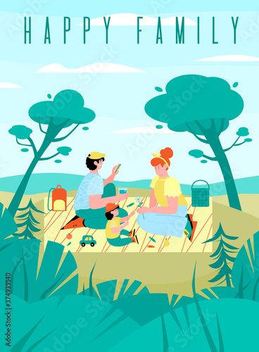 Banner or poster with a happy family having a picnic in nature on a summer or spring day. Mother, father and son at leisure on weekends or holidays. Vector flat cartoon illustration. © Kudryavtsev