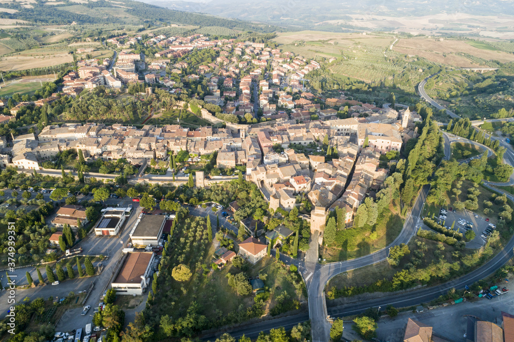 Fototapeta premium Flying over San Quirico d'Orcia. A country in Tuscany