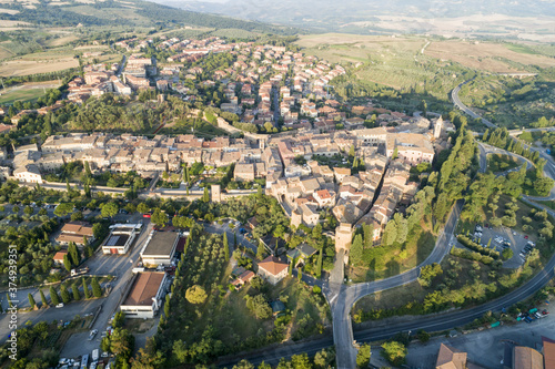 Flying over San Quirico d'Orcia. A country in Tuscany
