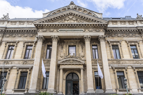 Architectural fragment of Brussels Bourse, which houses the country's Stock Exchange. The building erected from 1868 to 1873 in the Neo-Renaissance style. Brussels, Belgium.