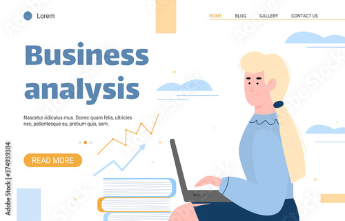 Successful businesswoman or top manager is engaged in business analysis. Concept of big earnings, growth of well-being and good work. Vector cartoon illustration. Landing page template
