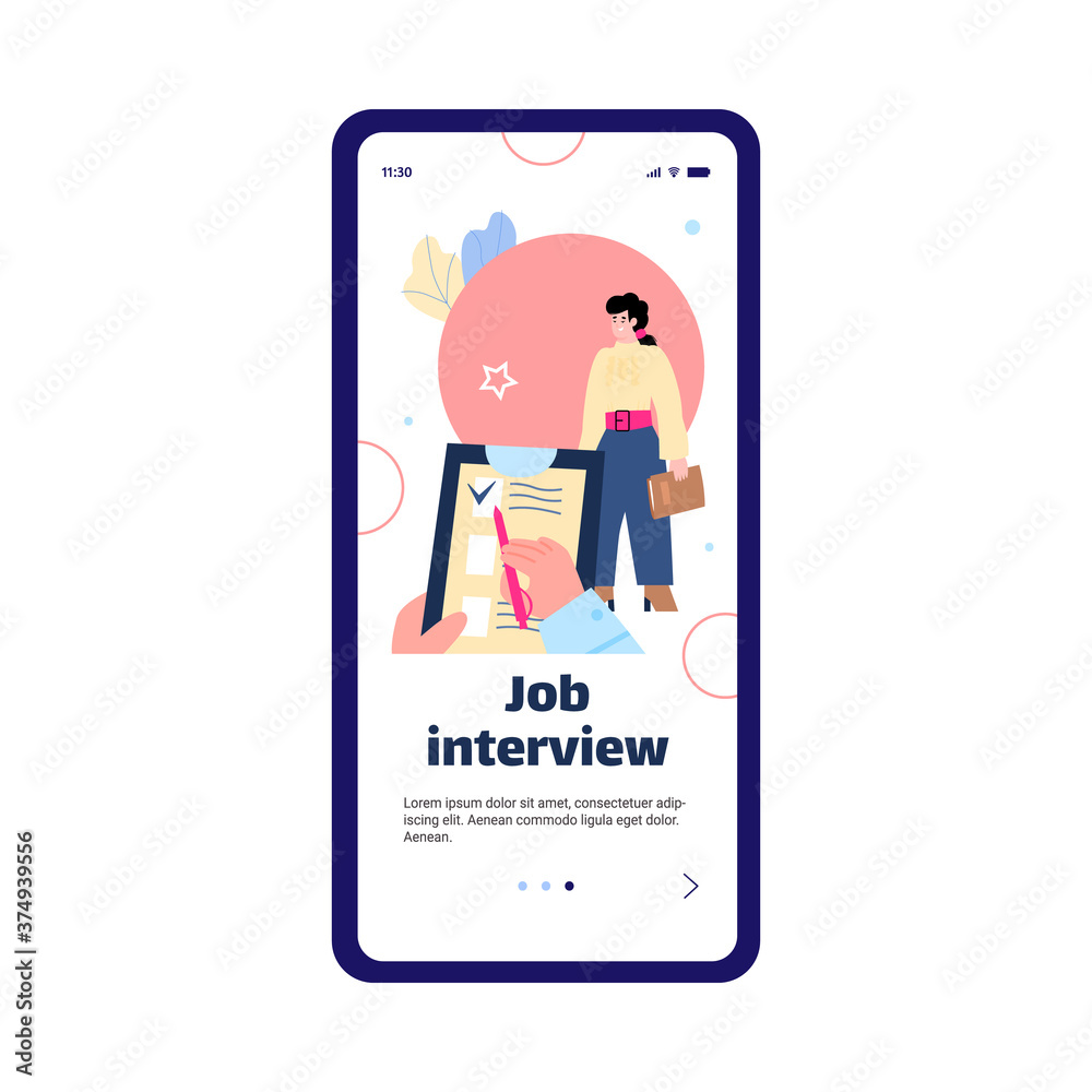Onboarding page template for job interview and employment assistance, flat cartoon vector illustration on white background. Mobile application for recruiting agency.