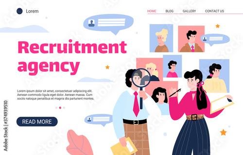 Recruitment agency website interface with HR managers searching for best candidate, flat cartoon vector illustration. Landing page for recruiting and employment.