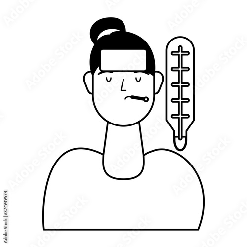 young woman sick with fever and thermometer