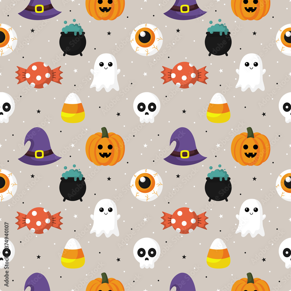 happy halloween seamless pattern on gray background. vector illustration. happy halloween seamless pattern on gray background. vector illustration.