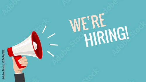 We hiring now banner job offer vector background. Hiring promotion megaphone employee illustration photo