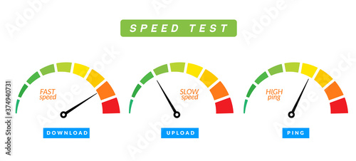 Speed test internet measure. Speedometer icon fast upload download rating. Quick level tachometer accelerate