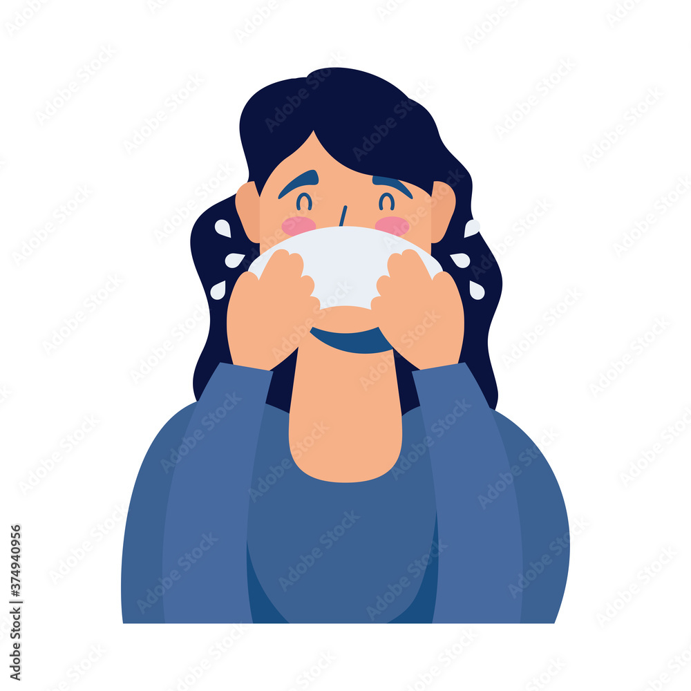 young woman sick with runny nose avatar character young woman sick with runny nose avatar character