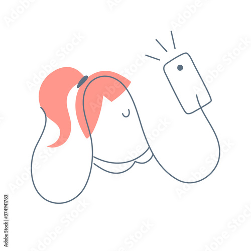 A young woman shoot Selphie or selfie. She holds the smartphone in front of her face and takes a photo. Flat line vector illustration on white.