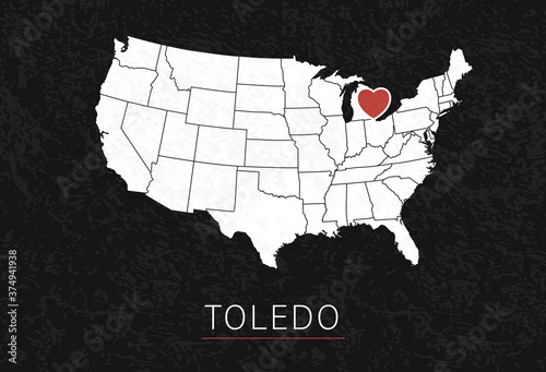 Love Toledo Picture. Map of United States with Heart as City Point. Vector Stock Illustration