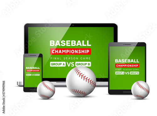 Baseball flyer mobile screen design game tournament. Vector baseball sport digital score application