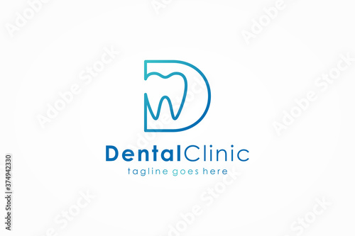 Dental Clinic Logo. Blue Linear Shape Initial Letter D Linked with Tooth Symbol inside. Usable for Dentist, Dental Care and Medical Logos. Flat Vector Logo Design Template Element