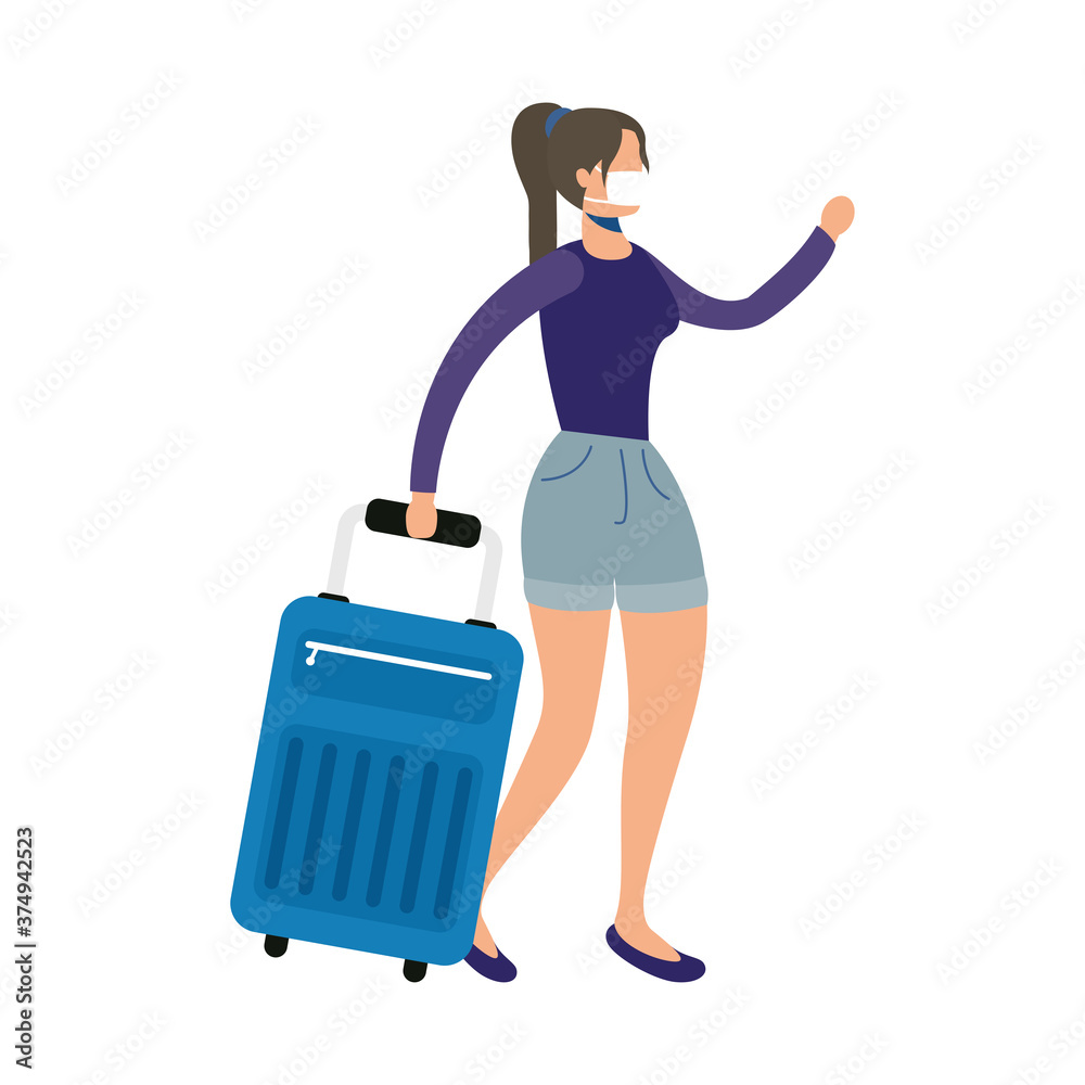 woman wearing medical mask with suitcase character woman wearing medical mask with suitcase character