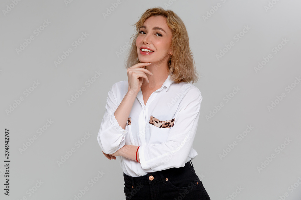 Attractive confident creative good-looking female bossy employee cross arms chest self-assured pose smiling assertive ready accomplish goals feeling lucky standing monochromatic background Attractive confident creative good-looking female bossy employee cross arms chest self-assured pose smiling assertive ready accomplish goals feeling lucky standing monochromatic background