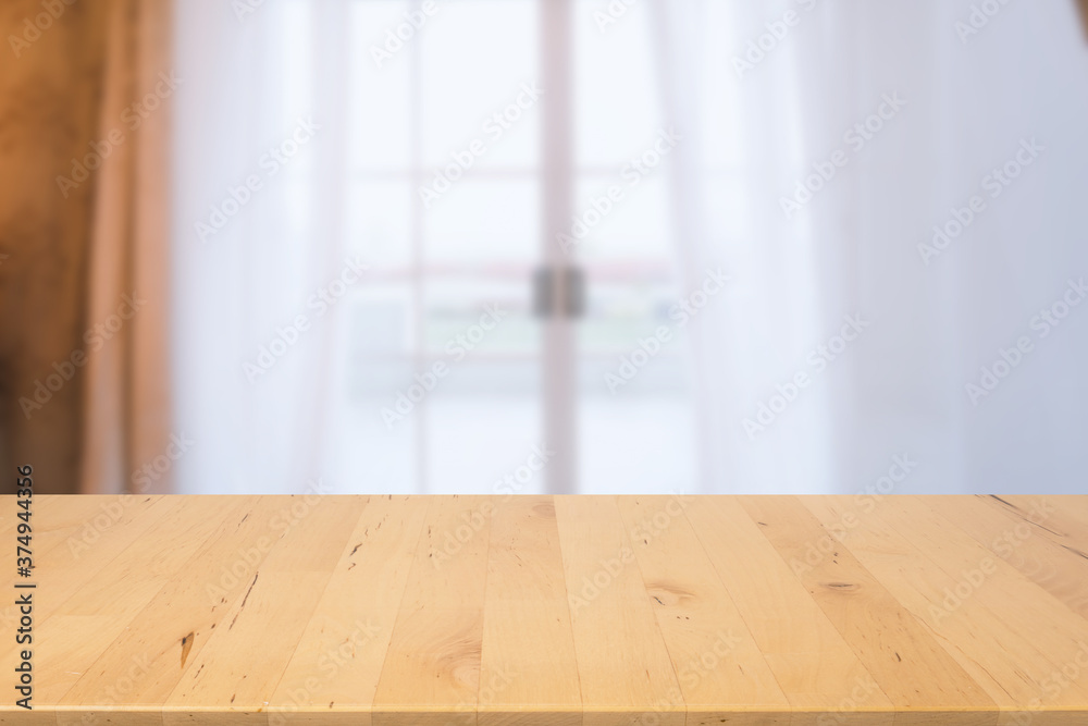 wood countertop with clean and clear room with curtain background wood countertop with clean and clear room with curtain background