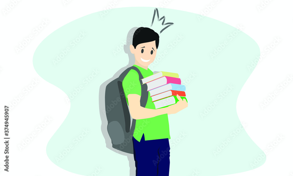 Boy kid is walking with books in his hands. Flat style vector illustration isolated on white background. Boy kid is walking with books in his hands. Flat style vector illustration isolated on white background.