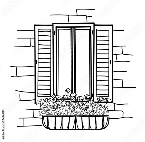Open window with a box for flowers. Shuttered window, antique window. Flowers outside the window. Postcard, print.