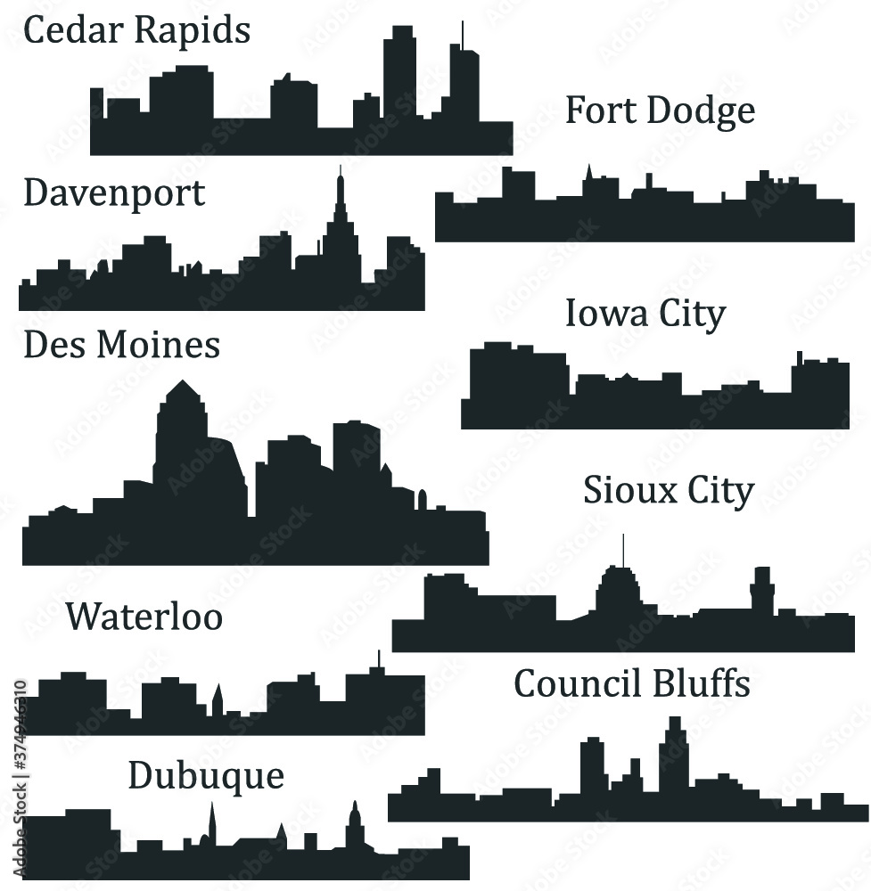 Set of 9 City silhouette in Iowa (Des Moines, Dubuque, Davenport, Cedar Rapids, Iowa City, Sioux City, Waterloo, Fort Dodge, Council Bluffs )