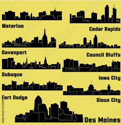 Set of 9 City silhouette in Iowa (Des Moines, Dubuque, Davenport, Cedar Rapids, Iowa City, Sioux City, Waterloo, Fort Dodge, Council Bluffs )