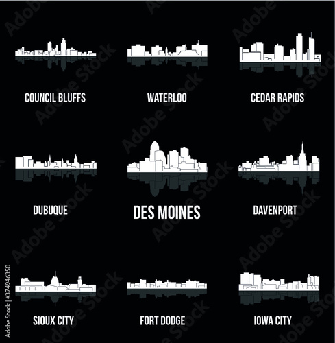 Set of 9 City silhouette in Iowa (Des Moines, Dubuque, Davenport, Cedar Rapids, Iowa City, Sioux City, Waterloo, Fort Dodge, Council Bluffs )