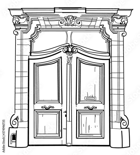 Antique door. Door in modern style. Wooden door with stucco and window. Freehand drawing in vintage style.
