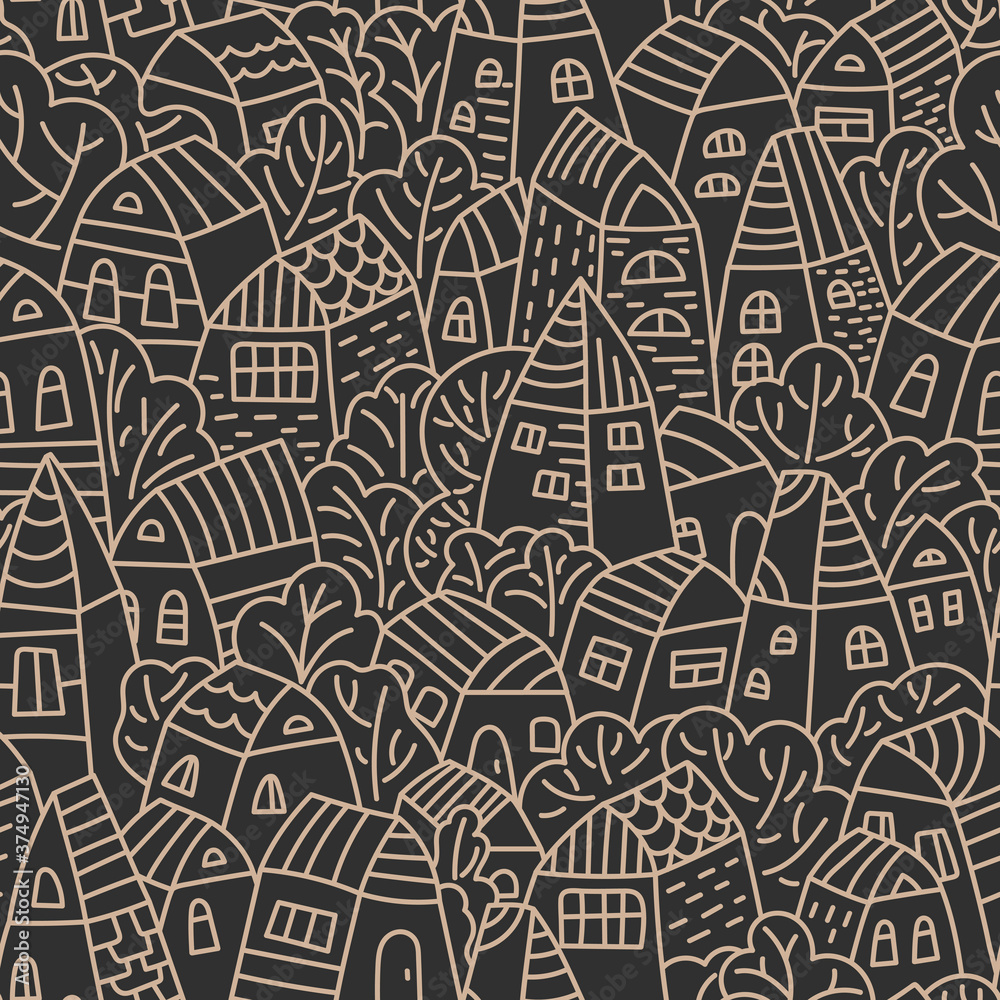 Seamless pattern with houses and trees. Cartoon doodles hand drawn town. Vector illustration. Monochrome
