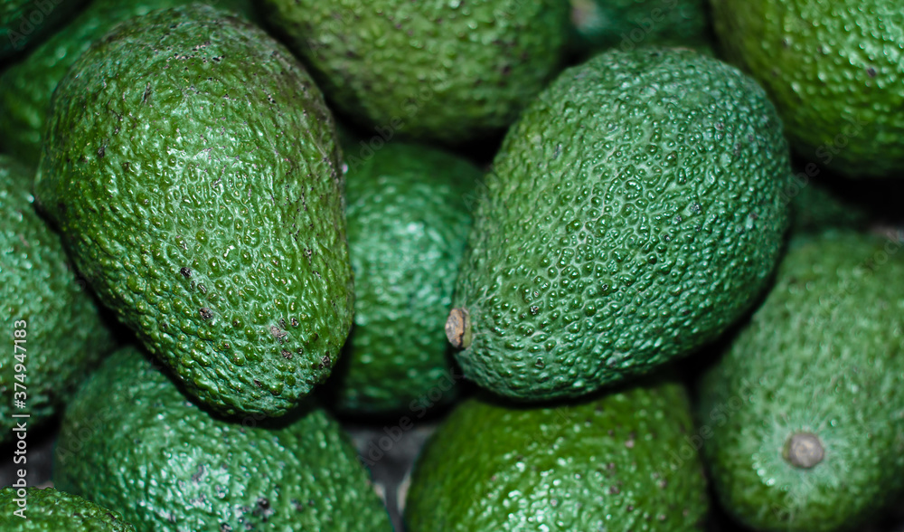 Green fresh avocados lie in a box at the market's exhibition stand. The fruit of a tropical avocado tree, a large berry containing a single seed. Nutritious and healthy fruits. Dietary and vegetarian Green fresh avocados lie in a box at the market's exhibition stand. The fruit of a tropical avocado tree, a large berry containing a single seed. Nutritious and healthy fruits. Dietary and vegetarian