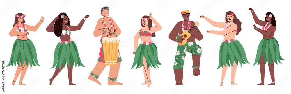 Hawaiian dancers men and women in folk costumes dancing and playing music,  cartoon vector illustration isolated on white background. Characters set  for Hawaiian party. Stock Vector | Adobe Stock