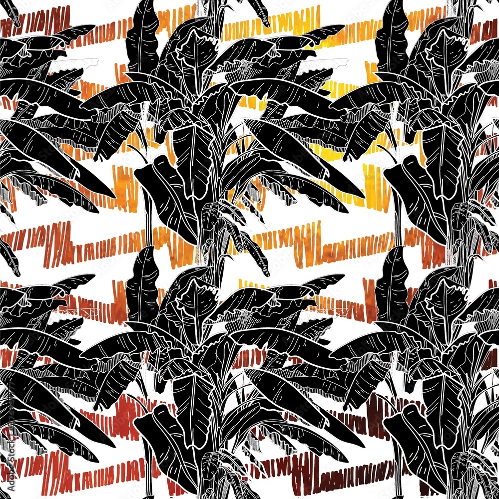 Fototapeta premium Seamless pattern with banana palm trees. Large leaves of tropical plants. Freehand drawing in vintage style. Tropics, summer.