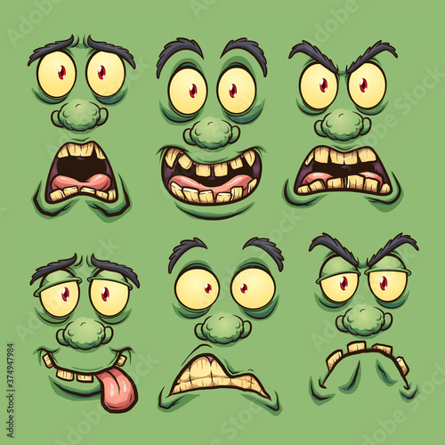 Cartoon green monster faces with different expressions. Vector clip art illustration. Each on a separate layer.
