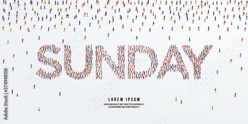 Word Sunday. Large group of people form to create the word Sunday. Vector illustration. photo