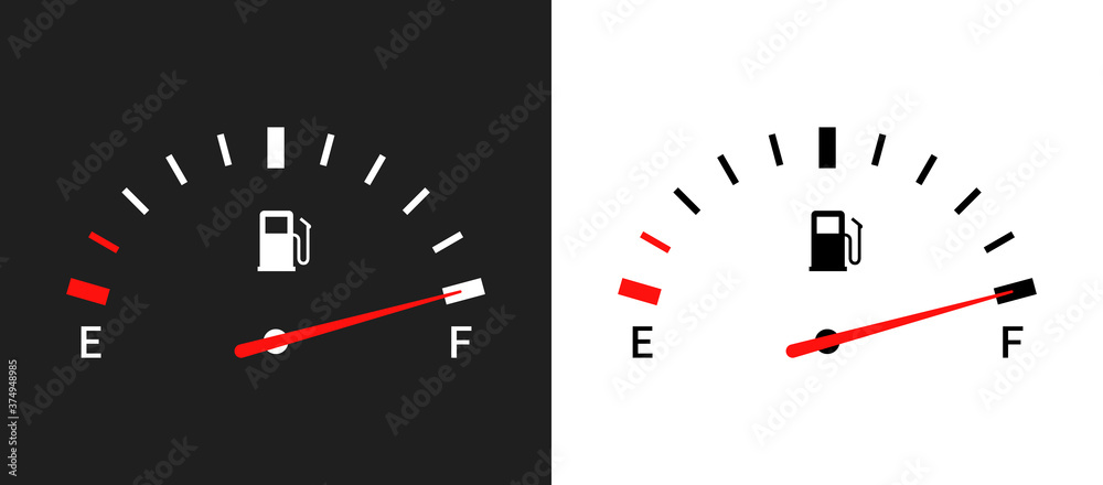 Fuel indicators gas meter. Gauge vector tank full icon. Car dial petrol gasoline dashboard - obrazy, fototapety, plakaty 