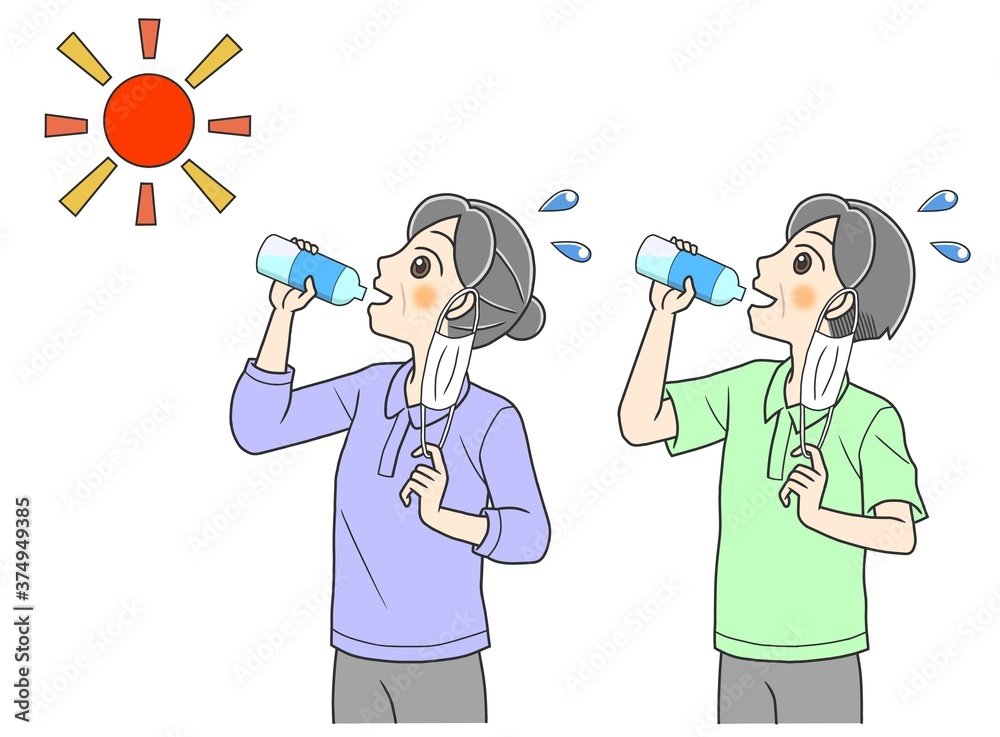 An elderly couple taking off masks and drinking water An elderly couple taking off masks and drinking water