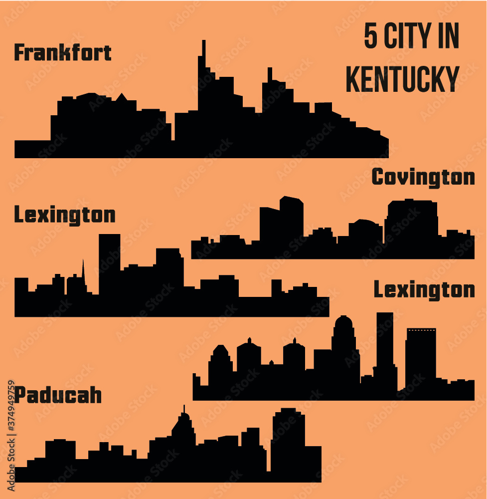 Set of 5 City silhouette in Kentucky (Frankfort, Lexington, Louisville, Paducah, Covington)