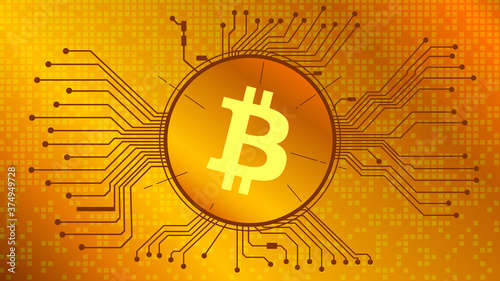 Bitcoin cryptocurrency token symbol, BTC coin icon in circle with pcb on gold background. Digital gold in techno style for website or banner. Vector EPS10.