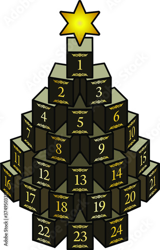 An advent calendar Christmas tree made up of blocks with golden / gilded numerals.