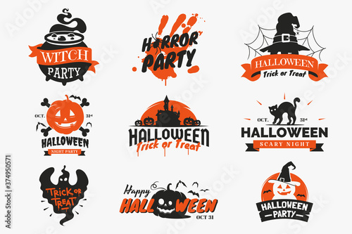 Set of Halloween badges and labels isolated on white background. Vintage Halloween signs with lettering, ribbons, spooky ghosts, pumpkin, witch cauldron, icons and other elements. Vector illustration.