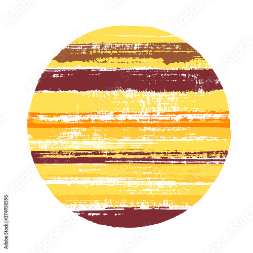 Abrupt circle vector geometric shape with stripes texture of ink horizontal lines. Old paint texture disk. Stamp round shape logotype circle with grunge stripes background.
