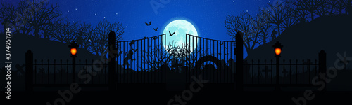 Night landscape of the cemetery. Monsters walk in the moonlight. Terrible panorama. Vector. EPS10