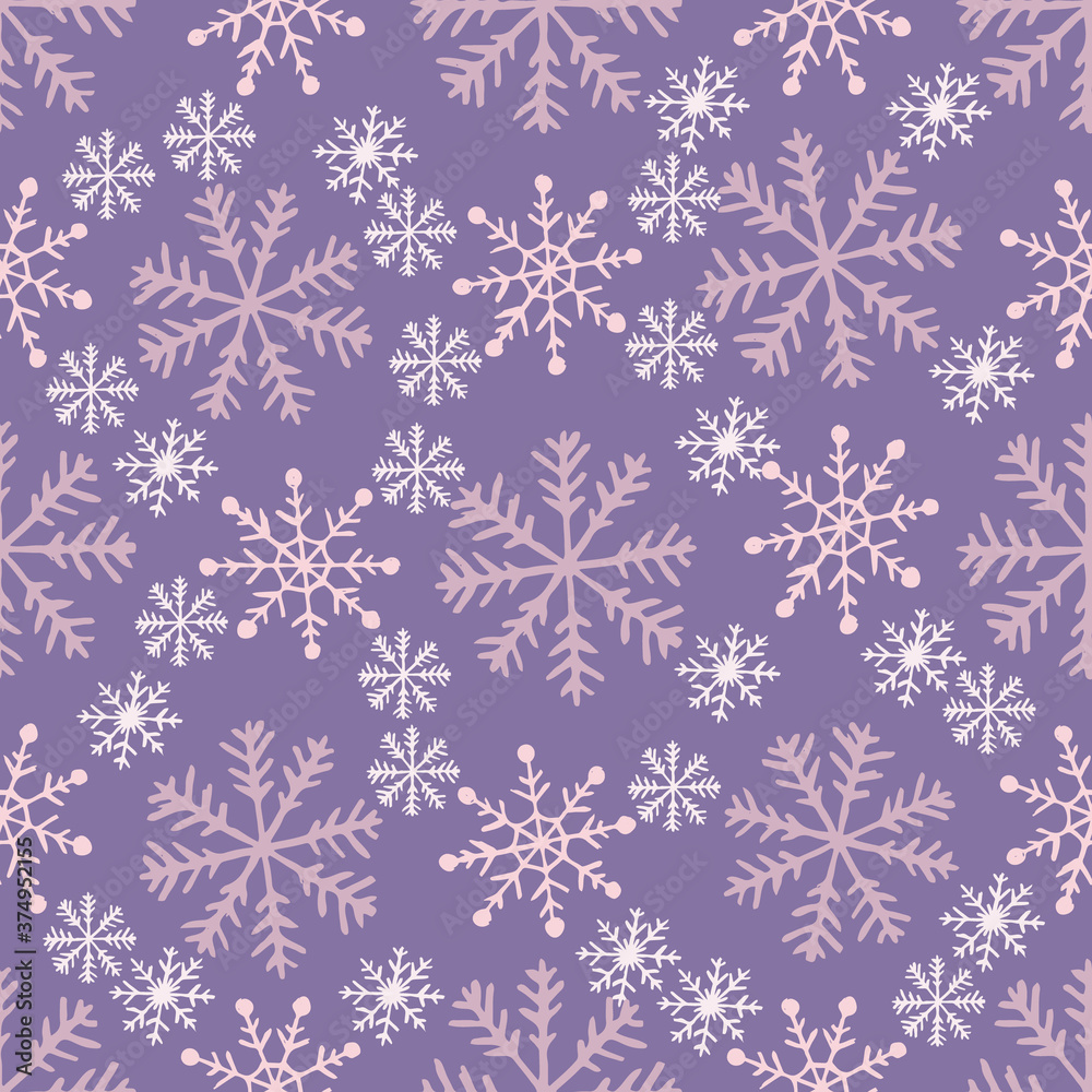 Snowflakes seamless pattern on purple background. Falling snow vector illustration. Winter Holiday wrapping and digital  paper.
