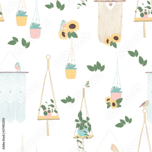 Green house plant seamless pattern of modern macrame potted plants flat cartoon and succulent hanging on isolated background.