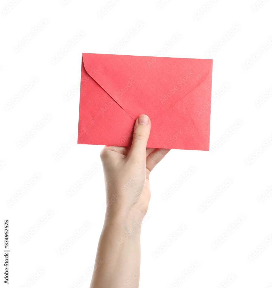 Woman holding red paper envelope on white background, closeup