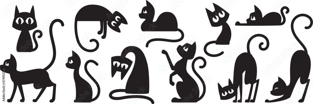 Fototapeta Black cats silhouettes set for halloween and other. Vector cat shapes isolated on white background.