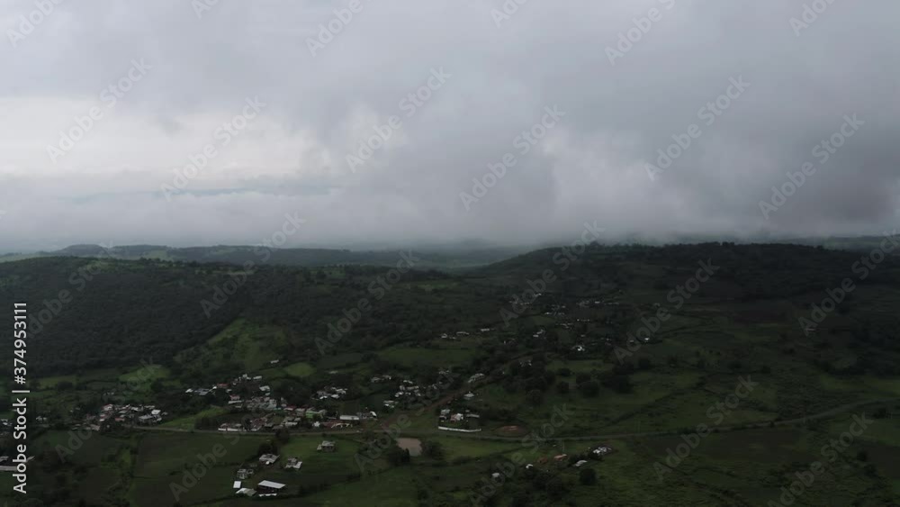 Aerial view over a village in the forest, cloudy day, 4k, drone Aerial view over a village in the forest, cloudy day, 4k, drone