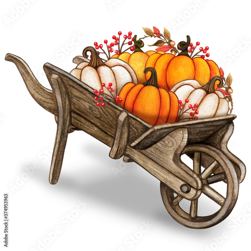 Rustic watercolor vintage wheelbarrow with colorful pumpkins and autumn leaves