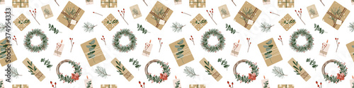 Banner with christmas presents in kraft paper and wreaths. Rustic gift box. Eco decoration, eucalyptus and spruce. Xmas and New 2021 Year celebration preparation. Vector flat seamless pattern